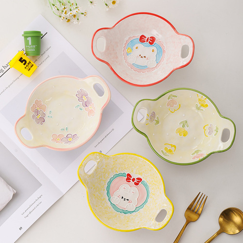 Hand-painted Relief Ceramic Cute Home Salad Bowl High-End Dessert Bowl Two-Ear Fruit Bowl Breakfast Oatmeal Bowl