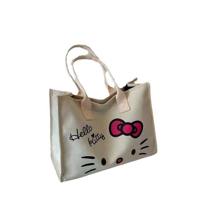 Плечевая сумка Tote (Hello Kitty) из льна, просторная, версия без подкладки или с подкладкой