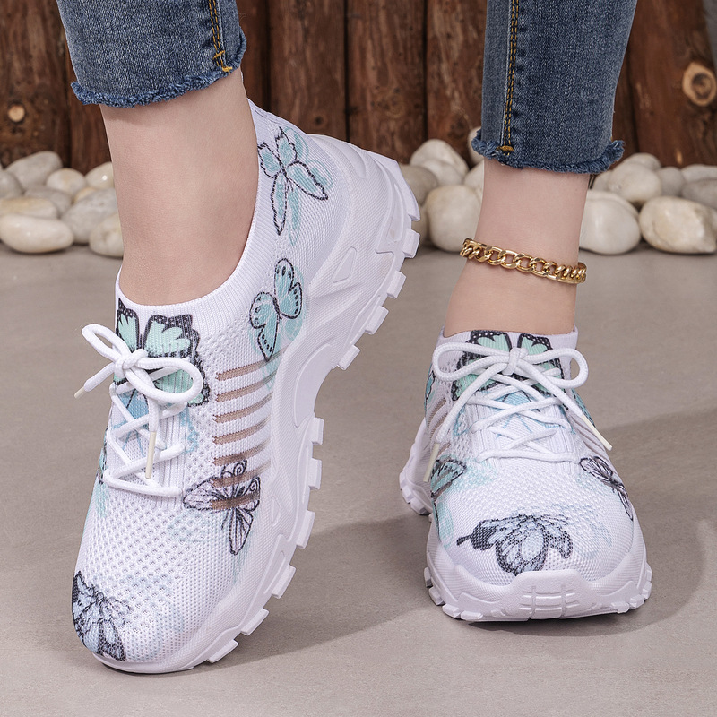 Cross-Border Women's Shoes, European and American Style, Height-Increasing Casual Shoes, Butterfly Pattern Fly-Knit Single Shoes, Temu Sneakers, Thick-Soled Dad Shoes