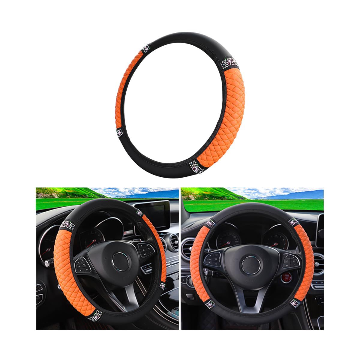Factory Direct Sales Cross-Border Colorful Rhinestone Car Steering Wheel Cover, Leather Three-Dimensional Interior Handle Cover Without Inner Ring