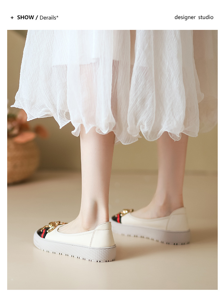 Metal Buckle Loafers 2023 New Versatile Lazy Shoes Comfortable Round Toe Shallow Mouth Thick Sole Slip-On Shoes For Women_voghion.com