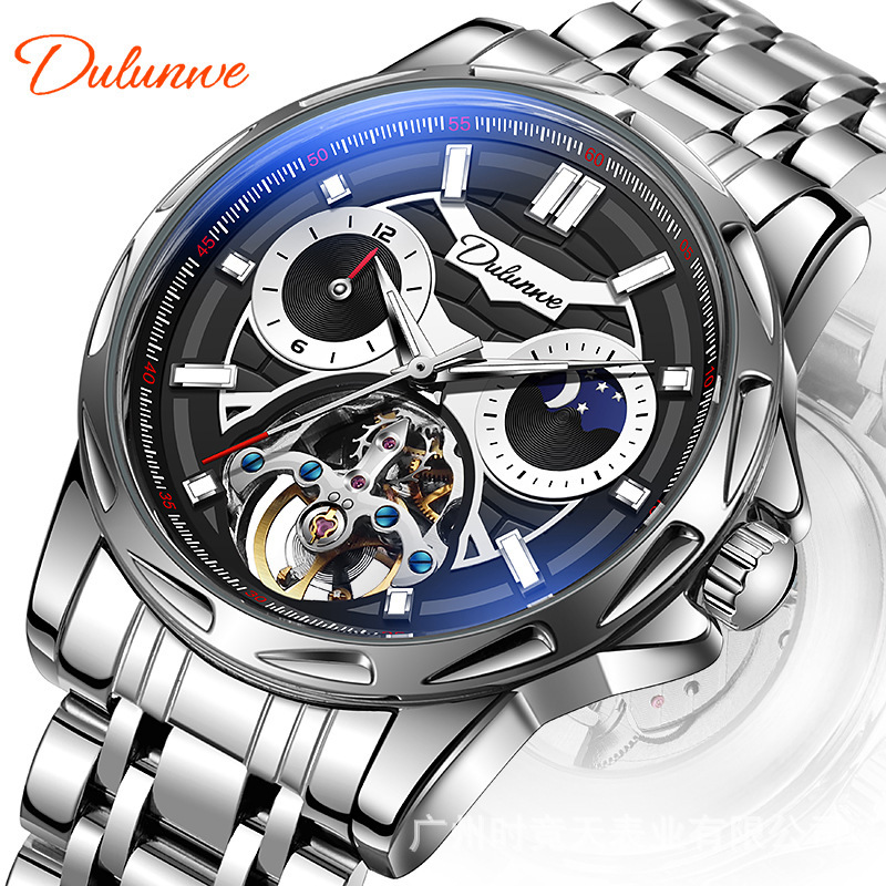genuine goods automatic mechanical watch multifunctional flywheel waterproof men's watch sun, moon and stars with luminous watch