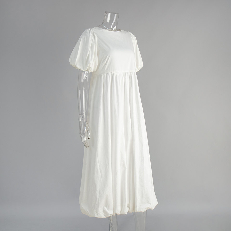 Đầm liền nữ cổ tròn tay phồng cotton dáng rộng màu trơn — Màu trắng chi tiết 6