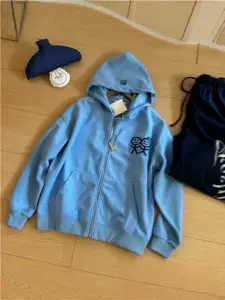 Blue stickman embroidered zip-up hoodie, women's spring and autumn loose-fit, versatile casual cardigan top