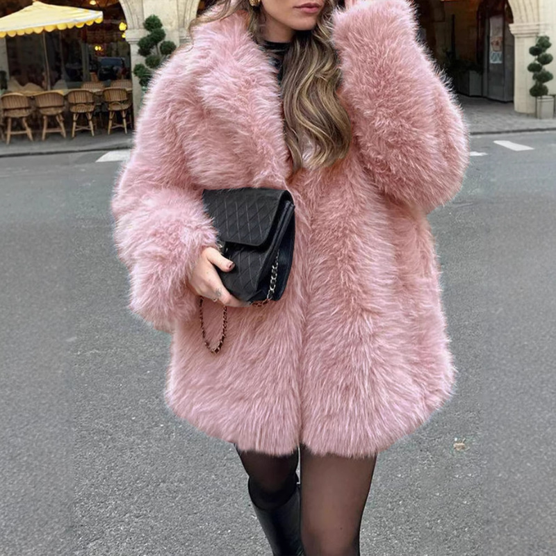 Pink Faux Fox Fur Mid-Length Coat with V-Neck, Plush, Warm, Stylish, Versatile, and Loose-Fitting Pink Faux Fox Fur Mid-Length Coat with V-Neck, Plush, Warm, Stylish, Versatile, and Loose-Fitting