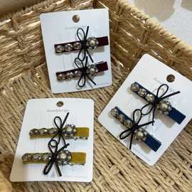 植绒韩式底夹简约气质轻奢风珍珠水钻边夹小巧精致布艺蝴蝶结闪钻