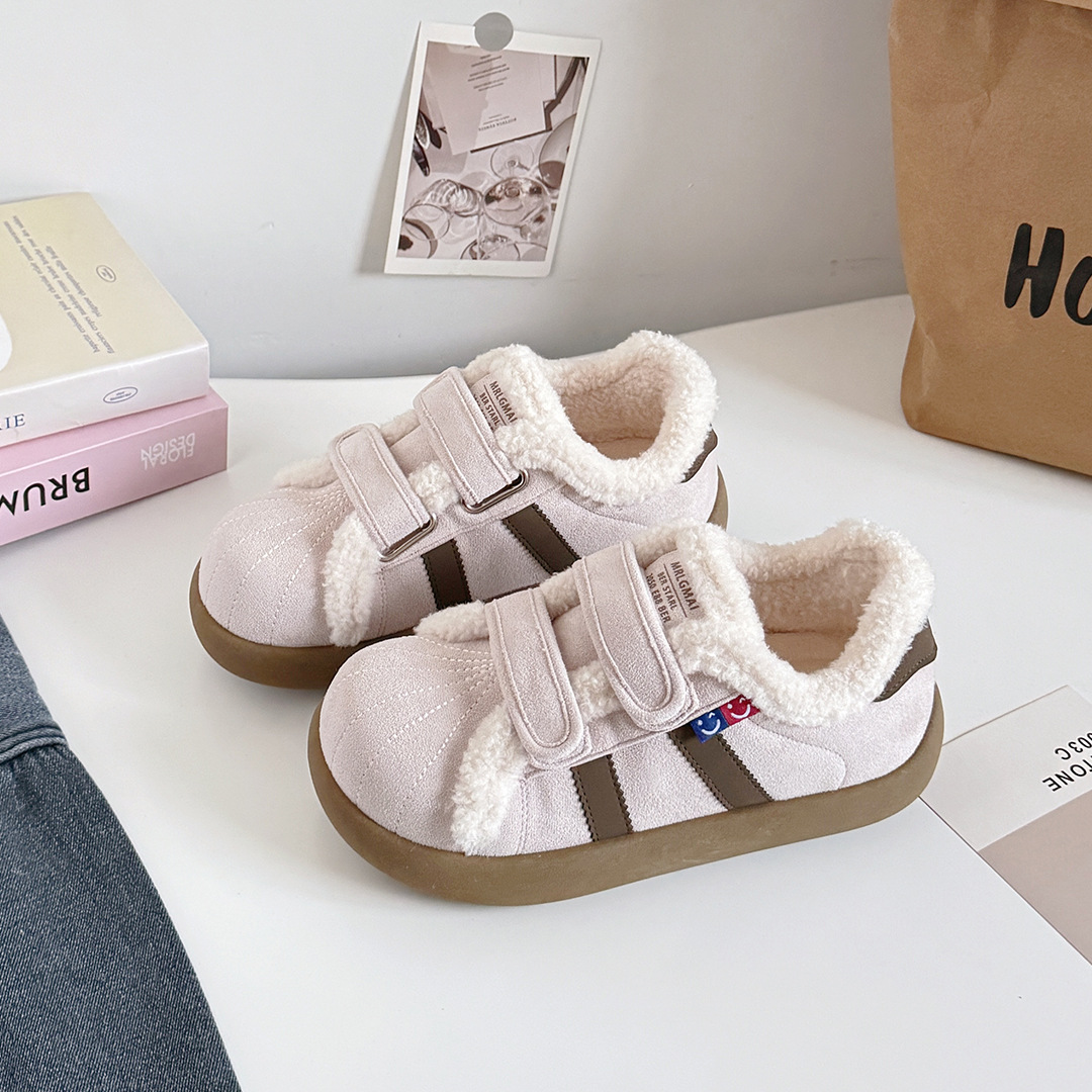 蓓尔磨砂魔术贴加绒棉鞋羊羔毛加绒加厚勃肯鞋2025冬季保暖B3016