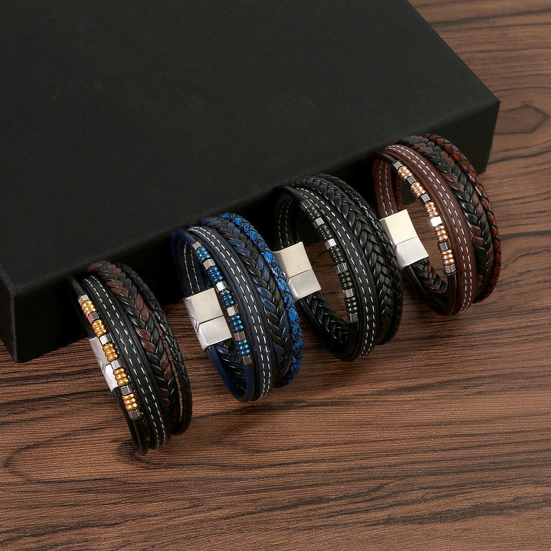 New Cross-Border High-End Leather Hand-Woven Bracelets for Men Stainless Steel Accessories Jewelry Bracelets for Women Manufacturers Wholesale
