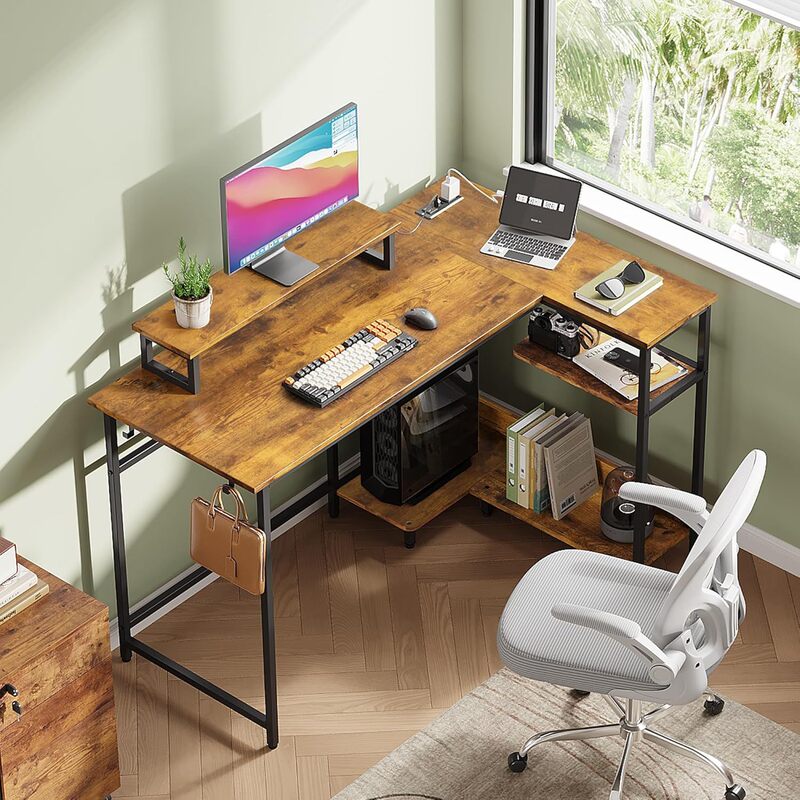 47inch L-Shaped Gaming Table with Led Lights and Power Outlets Small Space Corner Table Solid Pc Computer Table