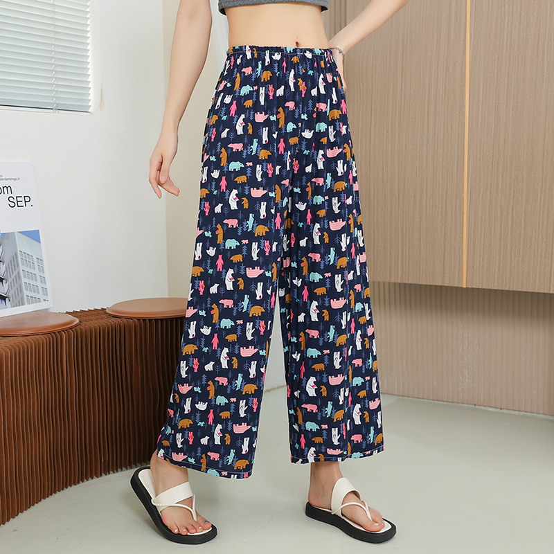 Women's Summer Cotton Silk Pajama Pants Plus Size 200 Jin 300 Jin Home Pants Artificial Cotton Loose Nine-point Wide Leg Pants
