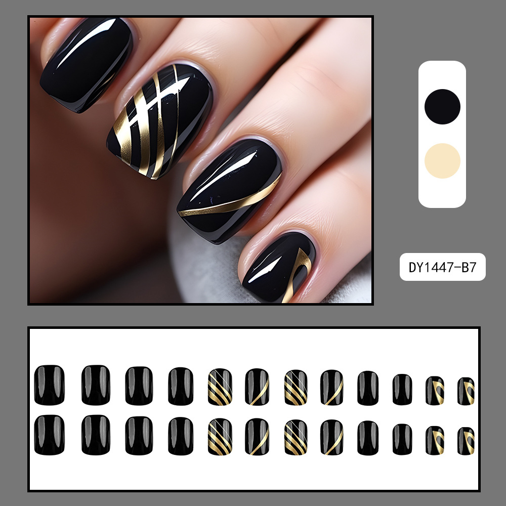 Ventas transfronterizas de líneas de oro negro manicuras retro estilo de alto rendimiento desgaste de uñas cortas 24 piezas empaquetadas parches de uñas terminados