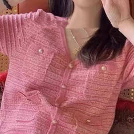 小香风粉色V领针织小开衫女洋气减龄夏装2025新款冰丝短袖T恤上衣