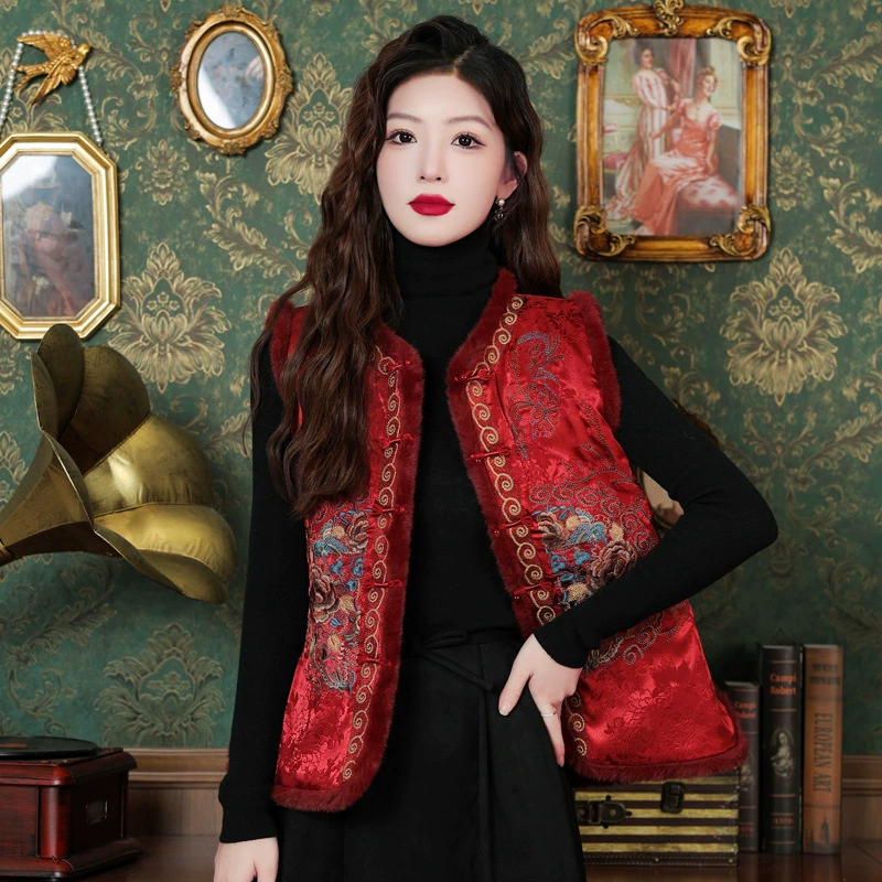 Новый жаккардовый этнический жилет 2024 года, китайский ретро-жилет с пряжкой, жилет в национальном стиле с воротником-стойкой, жилет с тяжелой вышивкой