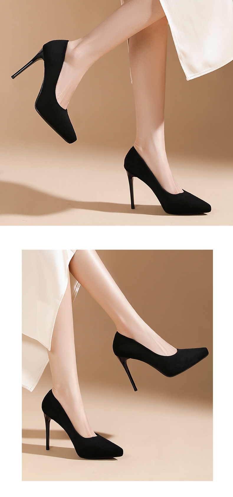 Giày cao gót nữ mũi nhọn da lộn, gót 8 cm, đế chống nước tăng chiều cao bên trong — Nhung đen-8cm chi tiết 6
