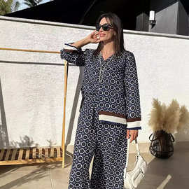 欧美风简约女装新品时尚休闲套装定位印花长袖衬衫高腰长裤2件套