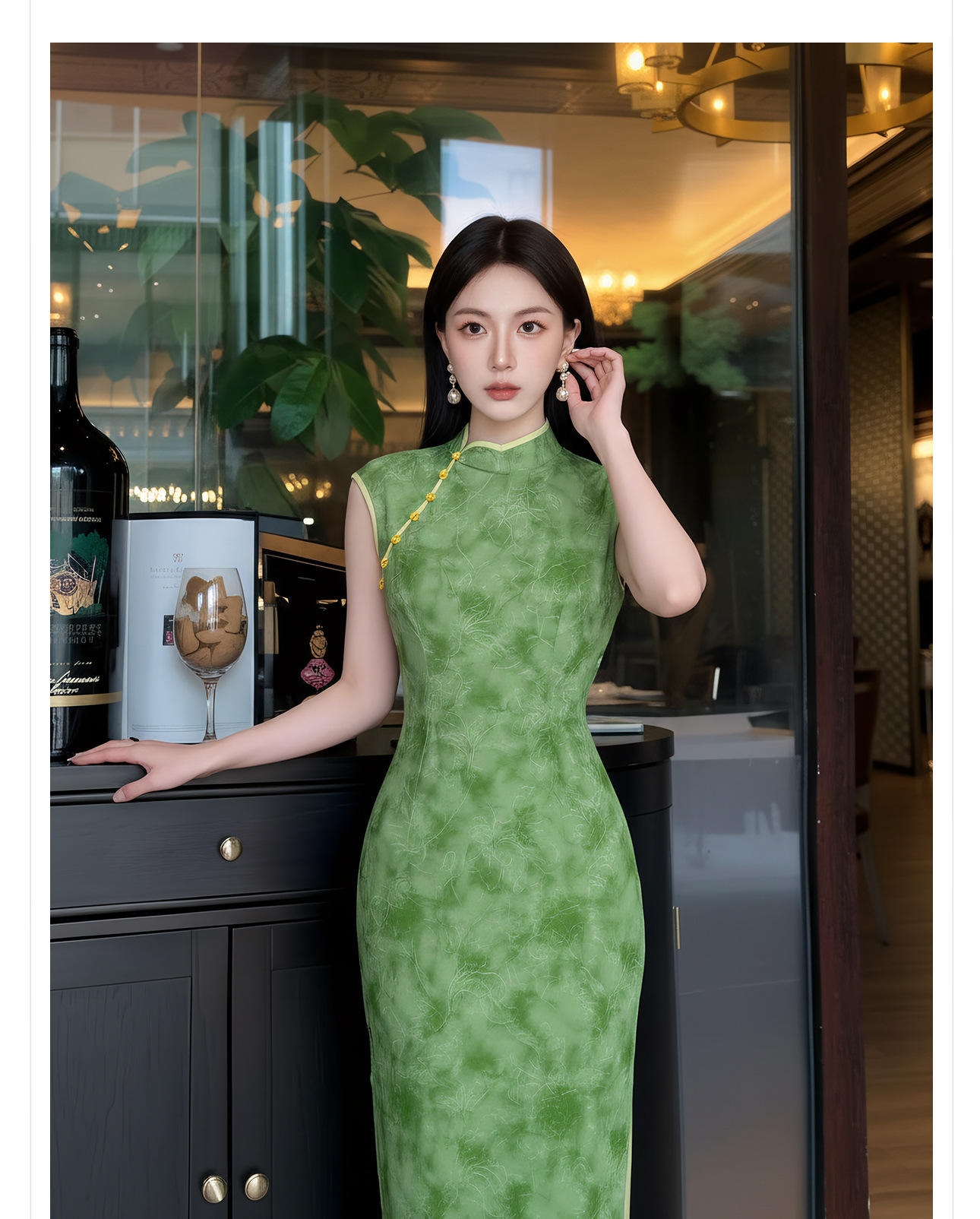Đầm maxi nữ thắt eo cổ đứng tay dài họa tiết loang màu phong cách Tân Trung Hoa — Xanh lá cây nhạtcolor chi tiết 2