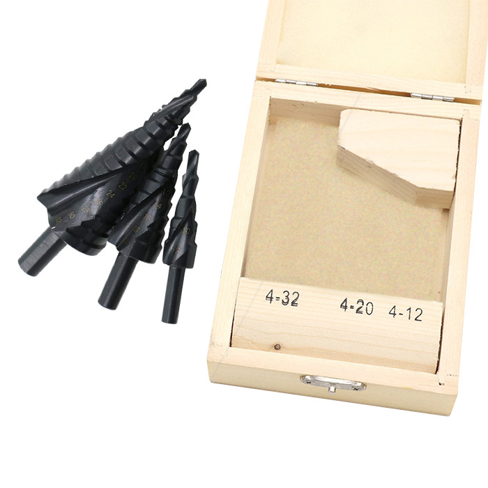 Broca escalonada de ranura espiral transfronteriza, juego de 3 piezas, vástago triangular, nitridada en negro, broca escalonada tipo pagoda, acero aleado