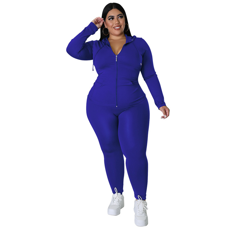 Plus Size Women's Clothing Solid Color Hooded Long Sleeve Fashion Casual Set Autumn Wear_ecoleips.com