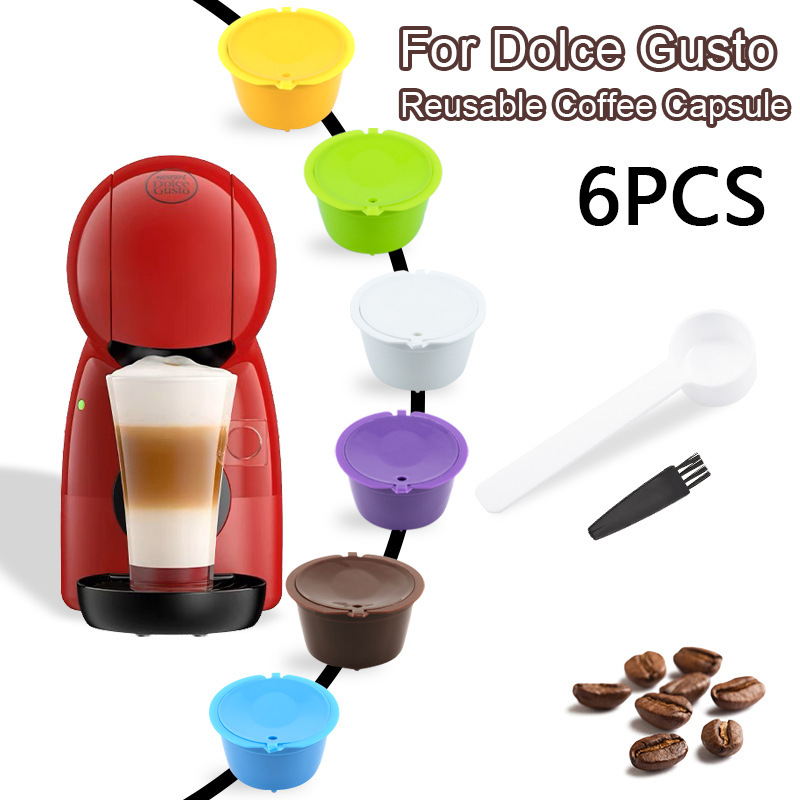 Compatible with Nestlé Dolce Gusto Coffee, Reusable Pp Capsules, 6-Pack with Spoon Brush, Coffee Machine, Eco-Friendly