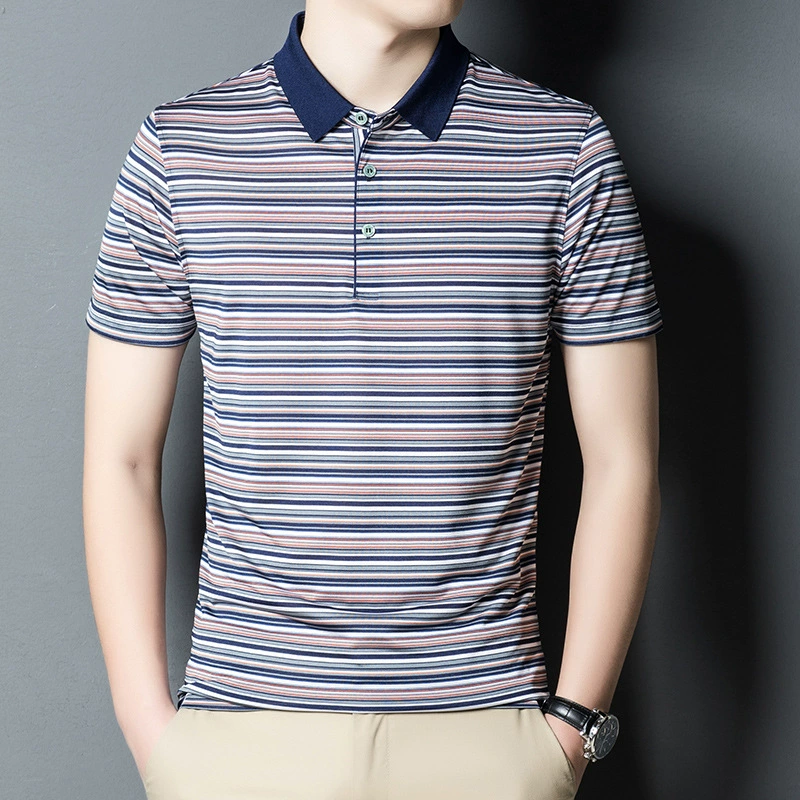 2022 летняя новая мужская повседневная футболка с короткими рукавами и лацканами, Мужская молодежная модная мужская 7003 в тонкую полоску