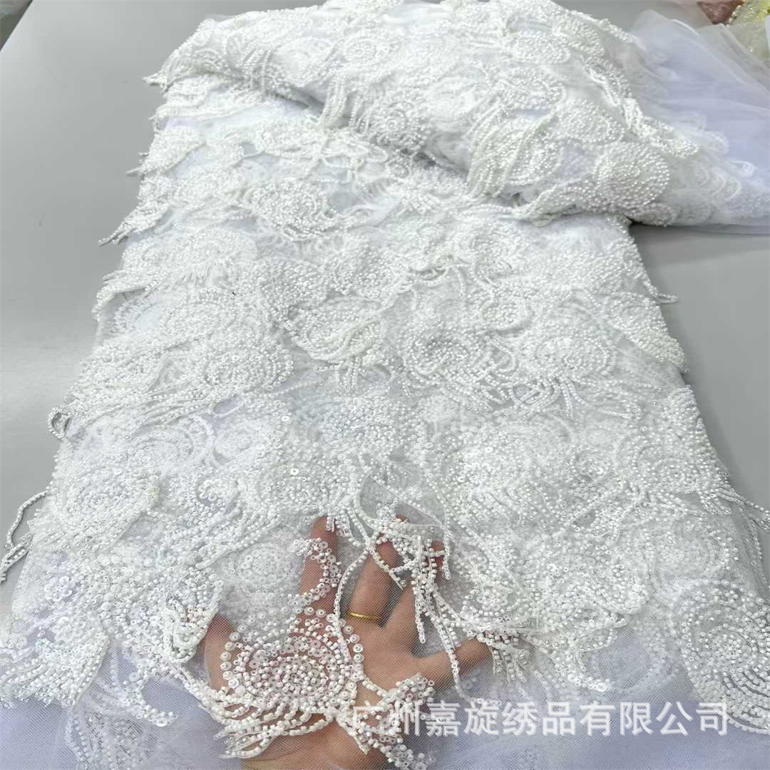 Capa redonda de alta calidad tubo de perlas tela de encaje de barba europea Xinjiang vestido de boda tela de encaje Beaded image 4