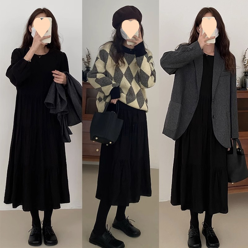 韓国版の高級な黒い長袖のワンピースの女性の秋の大きいサイズは太っていてゆったりしていて、やせている気質が大きいです。|undefined