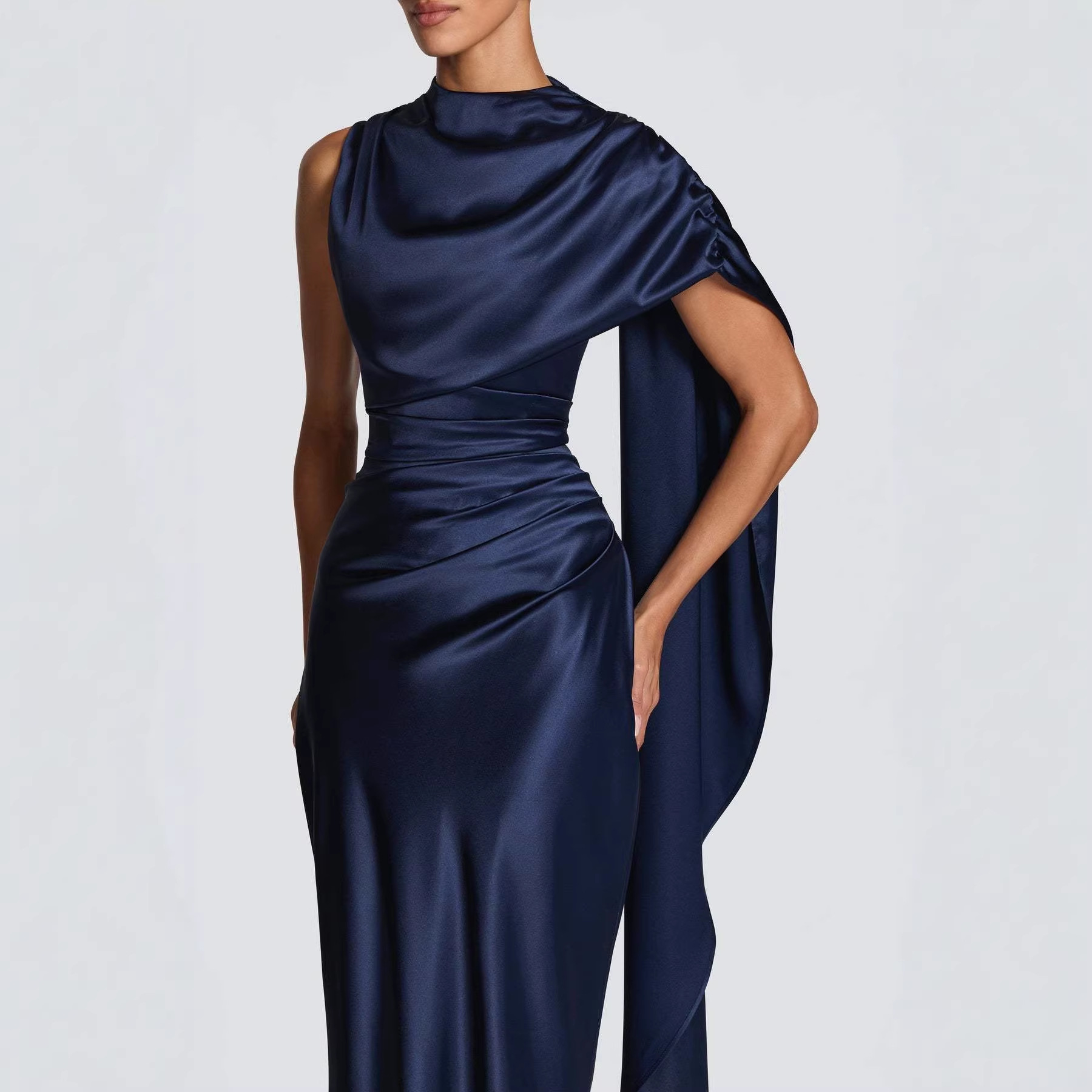 Women's Satin Turtleneck Dress Light Luxury Single Sided Ribbon Decoration Sleeveless Evening Gown_voghion.com