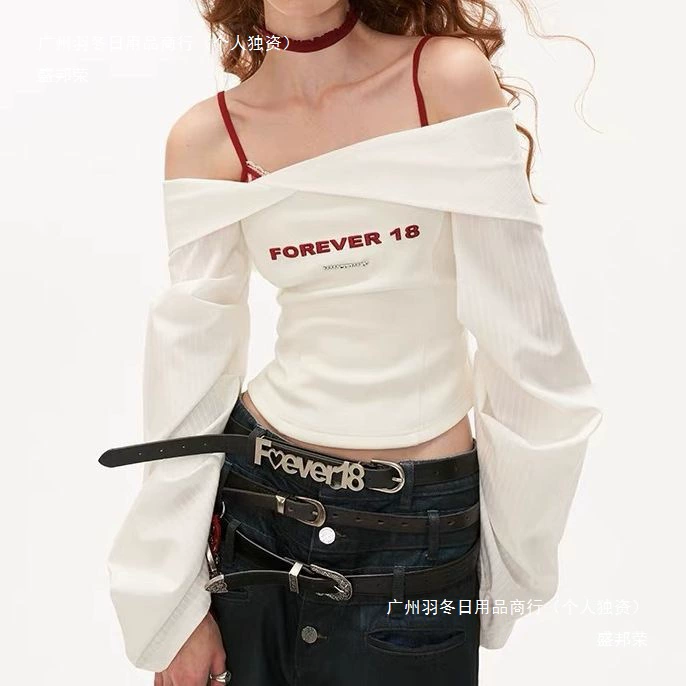 Белая рубашка с рукавами-фонариками и темным узором для женщин, новинка 2024 года, облегающий нишевый дизайн, топ на одно плечо для женщин, европейский и американский