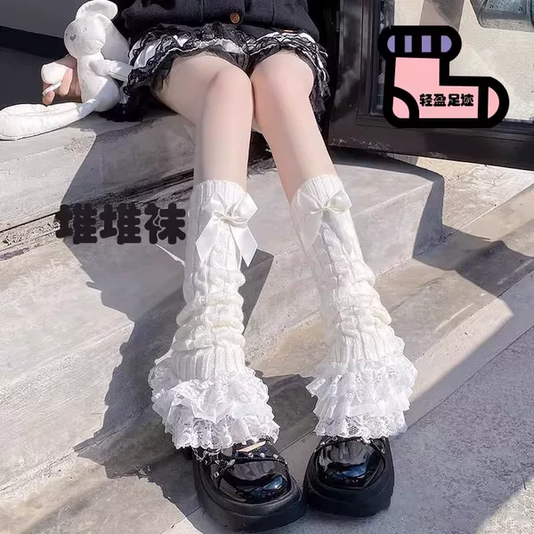 Lolita Lace Trim Calf Socks for Women, Japanese Style Cute Bowknot White Slouch Socks, Jk Slimming Leg Warmers