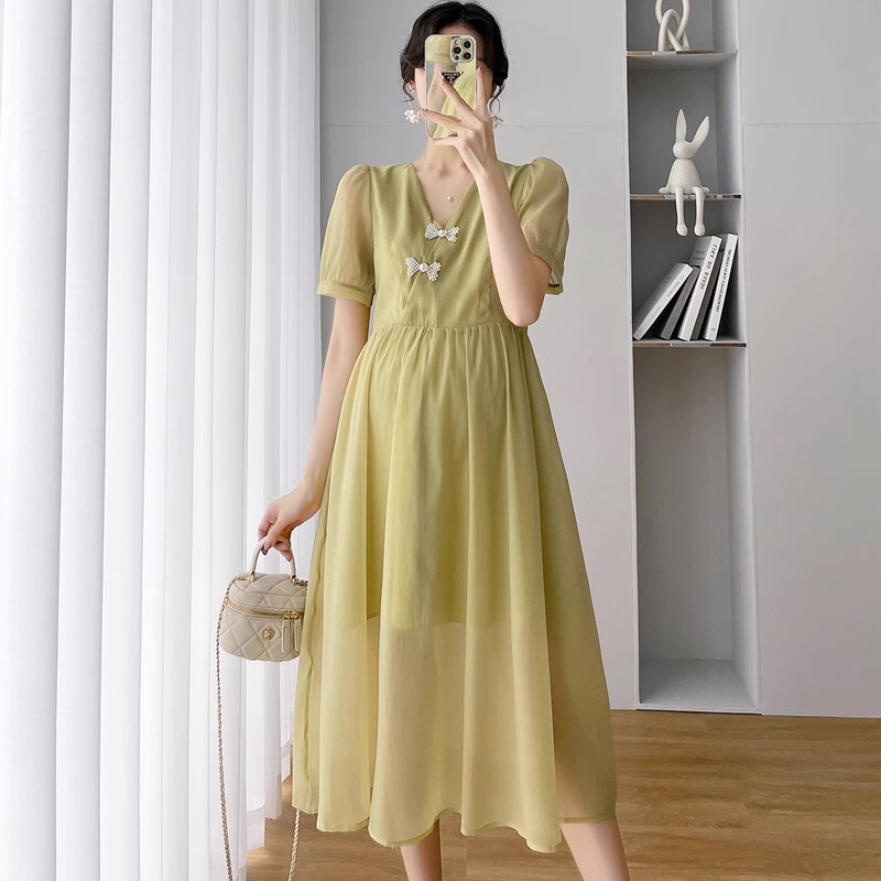 Pregnant Women's Summer Dress Fashion Retro Cheongsam Chinese Style Fresh Style Summer Dress Mid-length Thin Outer Wear Pregnant Women's Summer Dress Fashion Retro Cheongsam Chinese Style Fresh Style Summer Dress Mid-length Thin Outer Wear
