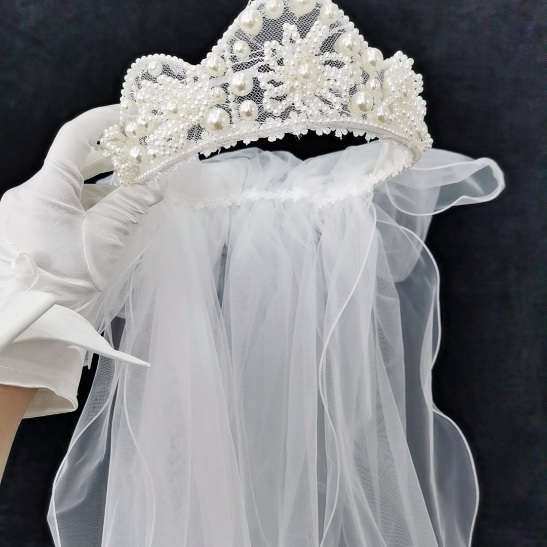 韩式新娘珍珠皇冠白纱仙美造型一体头纱头饰批发婚礼当天配饰-阿里巴巴