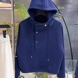 设计感挡风立领连帽纯色加绒短款卫衣女冬季韩版小个子上衣潮