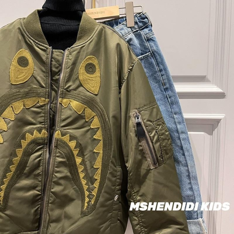 军绿男宝 B入日系潮牌童装儿童鲨鱼男童刺绣拉链夹克外套加厚棉服