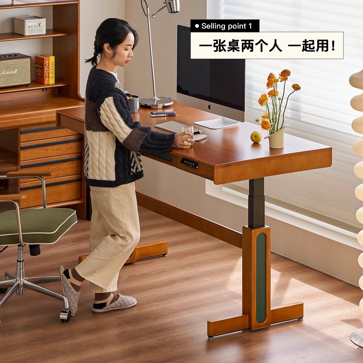 Mesa elevadora eléctrica medieval, estudio en el hogar para adultos, estudio, oficina en el hogar, escritorio de computadora retro de madera maciza, banco de trabajo