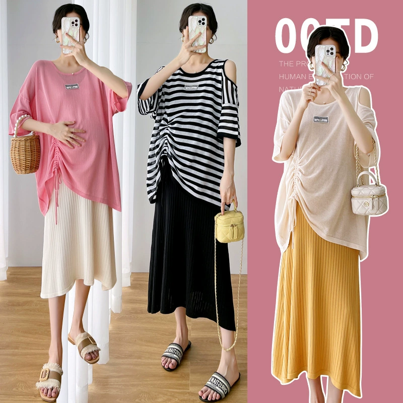 Летний комплект одежды для беременных, модное трикотажное платье из ледяного шелка с открытыми плечами, состоящее из двух частей, новое модное платье для беременных.