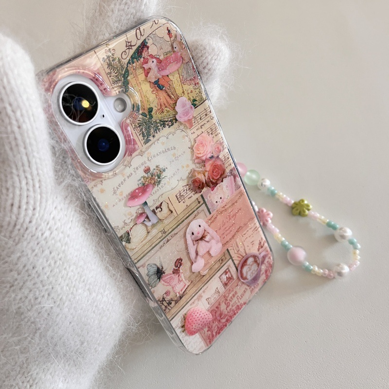 Pintura al óleo retro Rose Bunny Adecuado para Apple 16ProMax Funda para teléfono móvil 15/14 Chicas 13 Cadena 15Pro