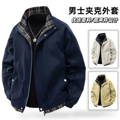 外贸春秋季拼接假两件外套男士保暖棒球服翻领拉链开衫商务夹克男