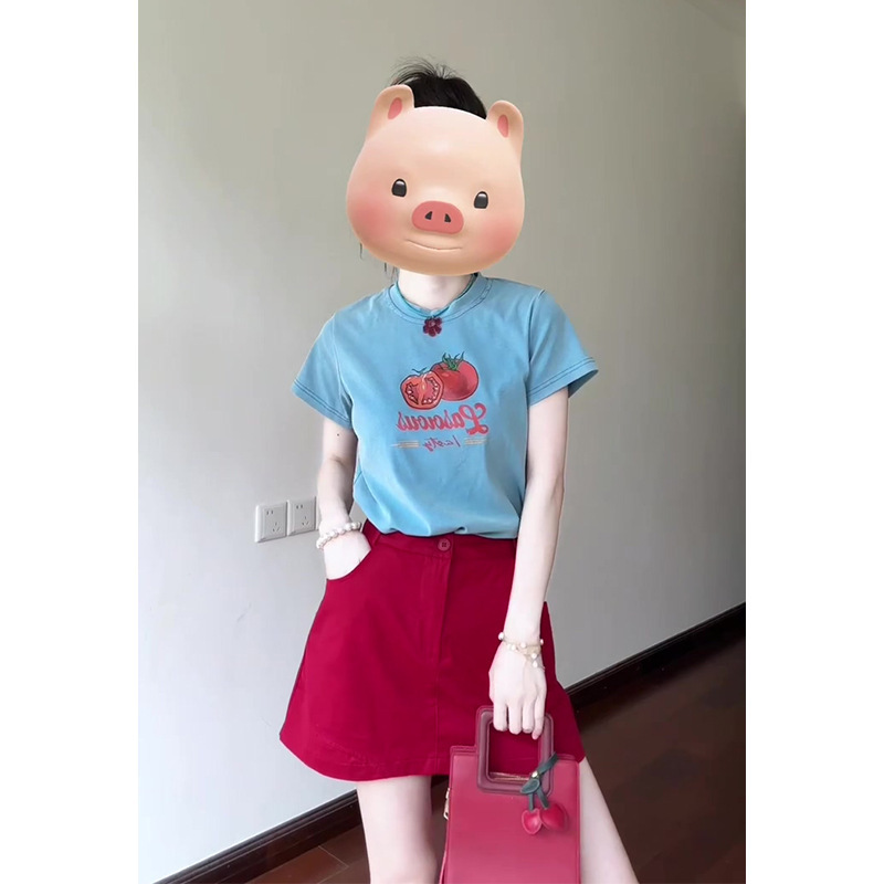 2025 新しい夏の女性のフレンチスタイルラウンドネックプリント半袖 Tシャツトップ多用途ハイウエスト痩身スカート|undefined
