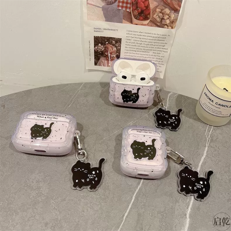 Трансграничный милый черный кот, подходит для airpods 4, защитный чехол Apple, чехол для наушников Bluetooth pro 2 поколения с волнами