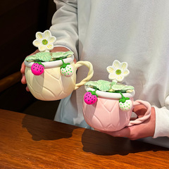 セラミックカップかわいいマグカップカップカップカップカップ女の子クリエイティブデザイン感朝食カップ蓋付きスプーン付き家庭用