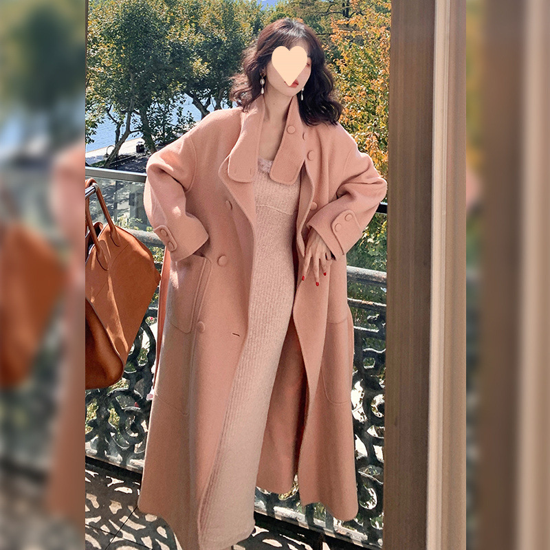 Hong Kong Style Retro Women's Winter Thickened Autumn and Winter Vertical Collar Woolen Coat Mid-length Woolen Coat Women