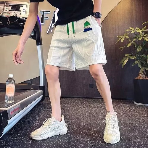Tide brand cartoon embroidery shorts for men - summer new men's personalized letter imprint sports casual five-pocket straight-leg pants