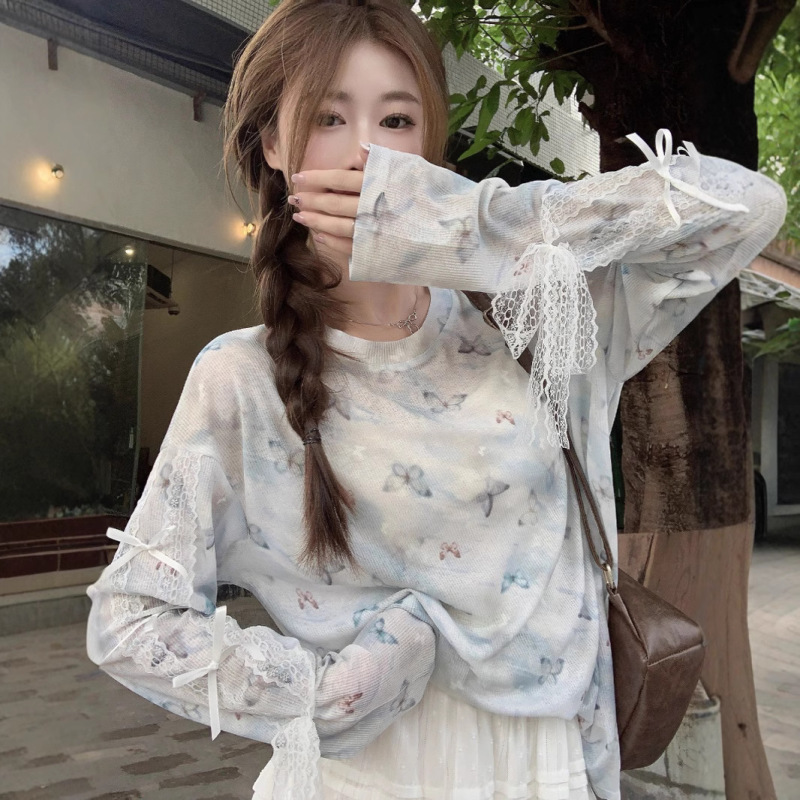 Dopamine Star Blue Butterfly Printed Blouse Lace Strap T-shirt Women's Spring and Summer Niche Thin Sunscreen Top