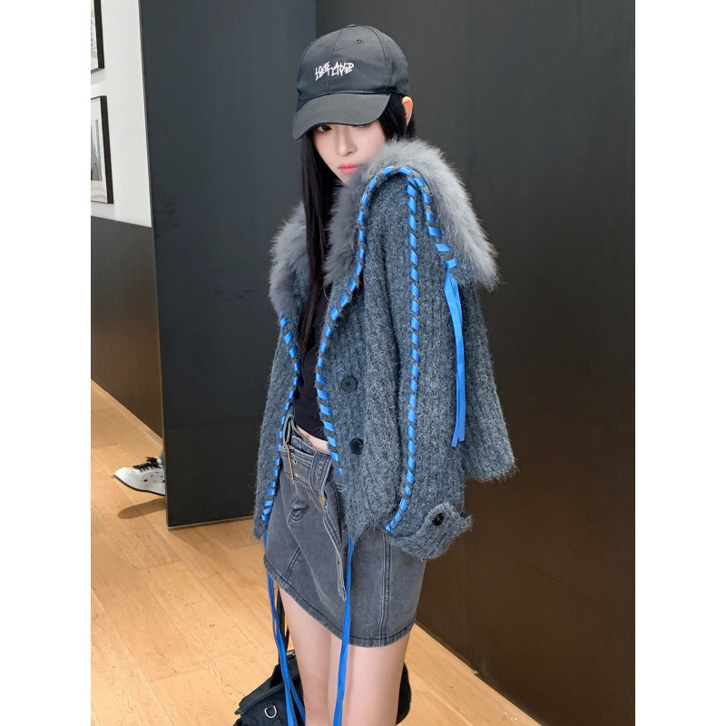 秋冬新慵懒风狐狸毛车条撞色织带毛衣女修身绒感翻领外套开衫显瘦|undefined