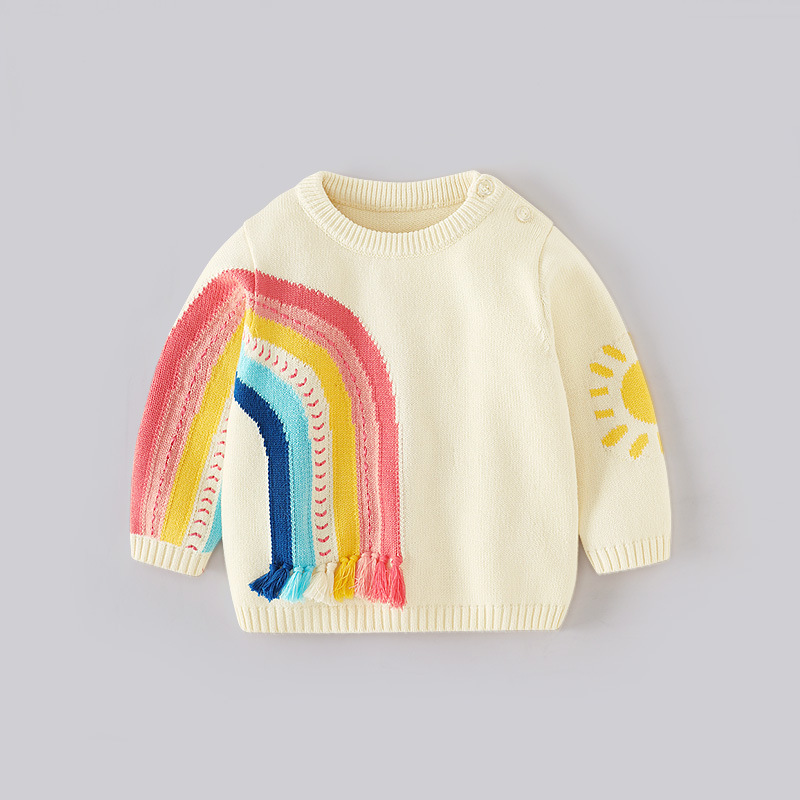 Children's Rainbow Pullover Sweater, Brand Name Same Style Round Neck Knitted Sweater for Boys and Girls, Spring and Autumn, Category A Long-Sleeved Cotton Sweater