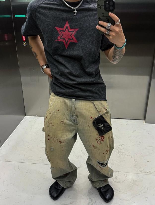 Melancholy High Street Brand Bloodstained Dirty Dyed Ripped Trendy Casual Logging Workwear_mkmklike.com