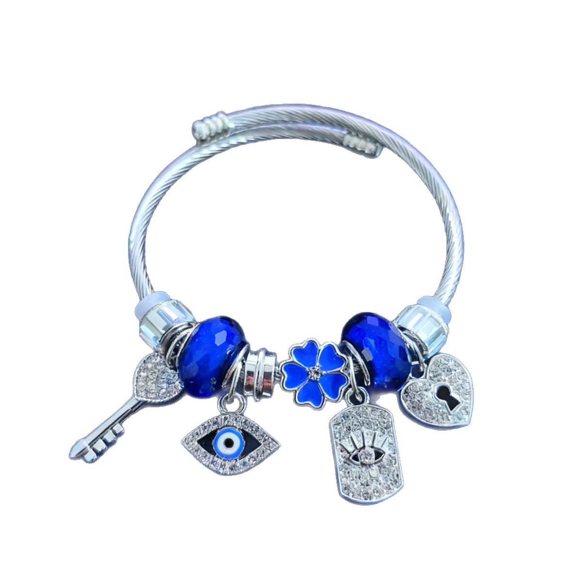 Explosiones transfronterizas Pan familia pulsera de acero inoxidable diamante azul aleación diablo ojo de llave cerradura joyas de flores amor