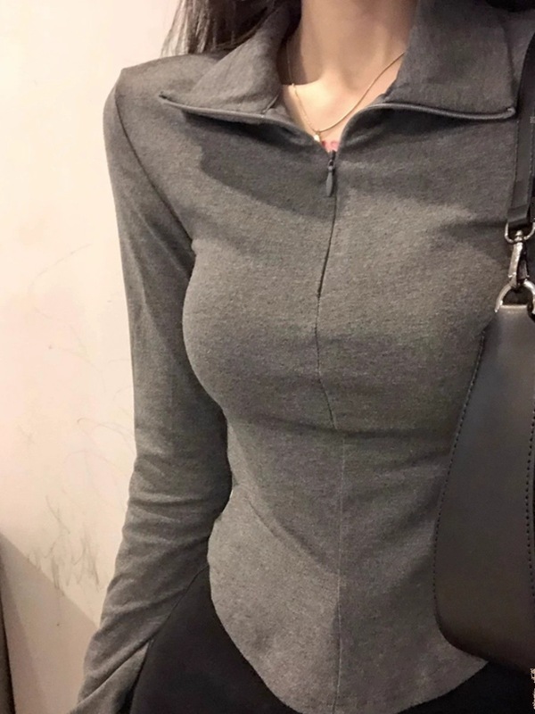 美式长袖上衣女修身拉链t恤春秋胖mm大码显瘦翻领紧身内搭打底衫|undefined
