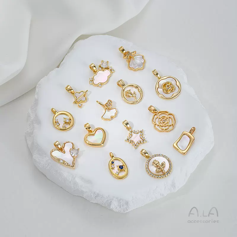 镶贝母14K包金保色四叶草玫瑰花桃心吊坠diy手链项链饰品挂件批发