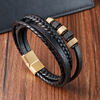 Woven bracelet for black leather stainless steel handmade, genuine leather